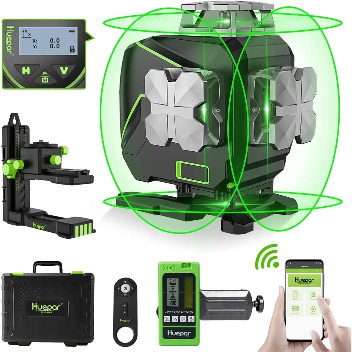 Huepar 4x360° Kreuzlinienlaser mit Empfänger 16 Linien mit LCD, S04-5RG