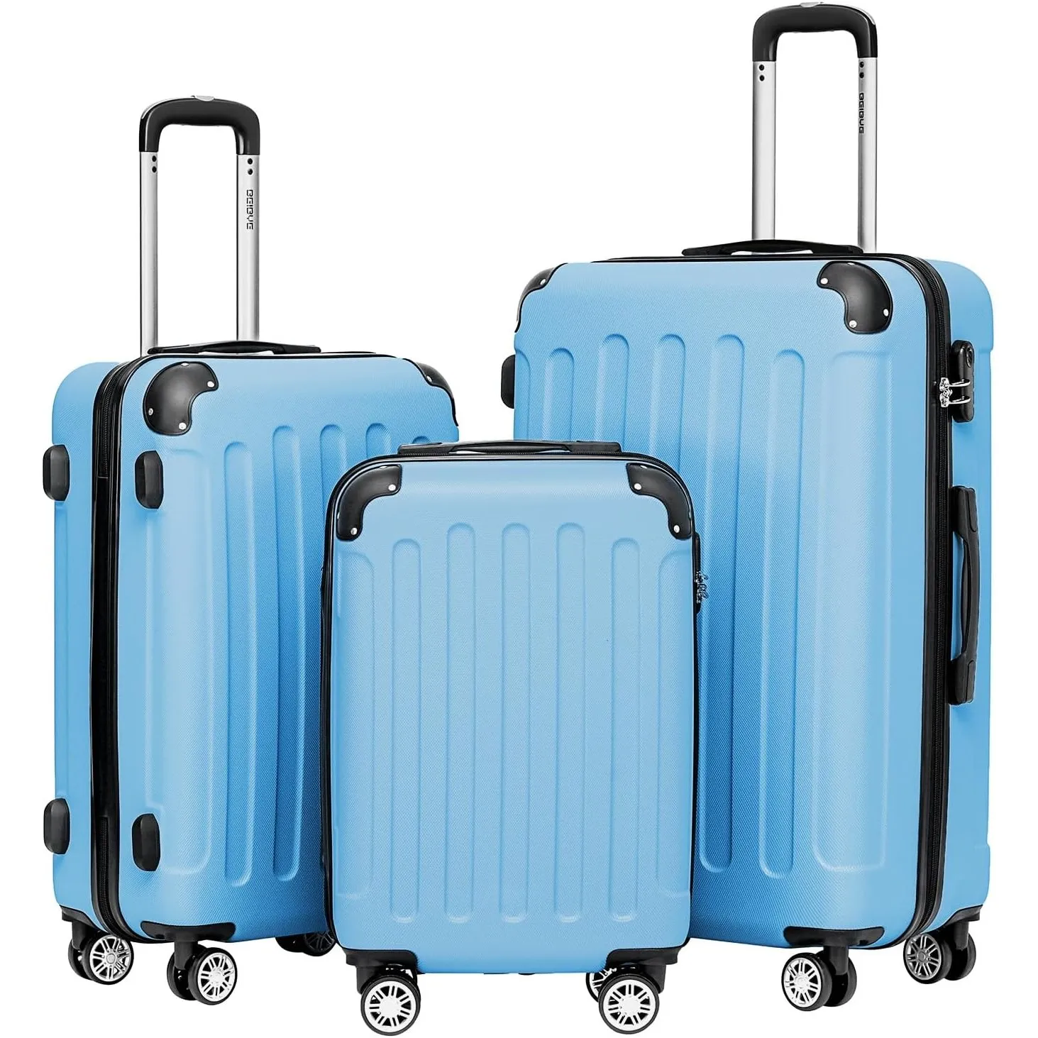 BEIBYE Kofferset 3-teilig – Kabinenkoffer, Reisekoffer und XL-Koffer aus ABS mit Doppelrollen und Zahlenschloss, Glacia…
