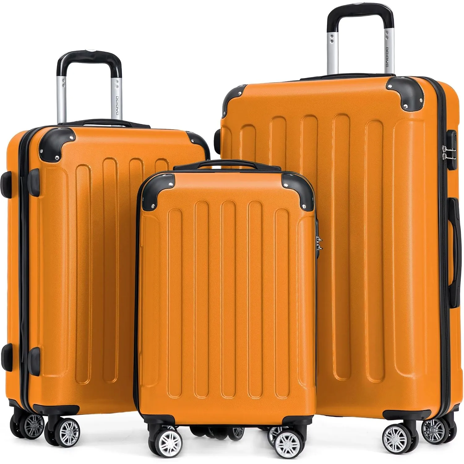 BEIBYE Kofferset 3-teilig – Kabinenkoffer, Reisekoffer und Koffer aus ABS mit Doppelrollen und Zahlenschloss, Orangen