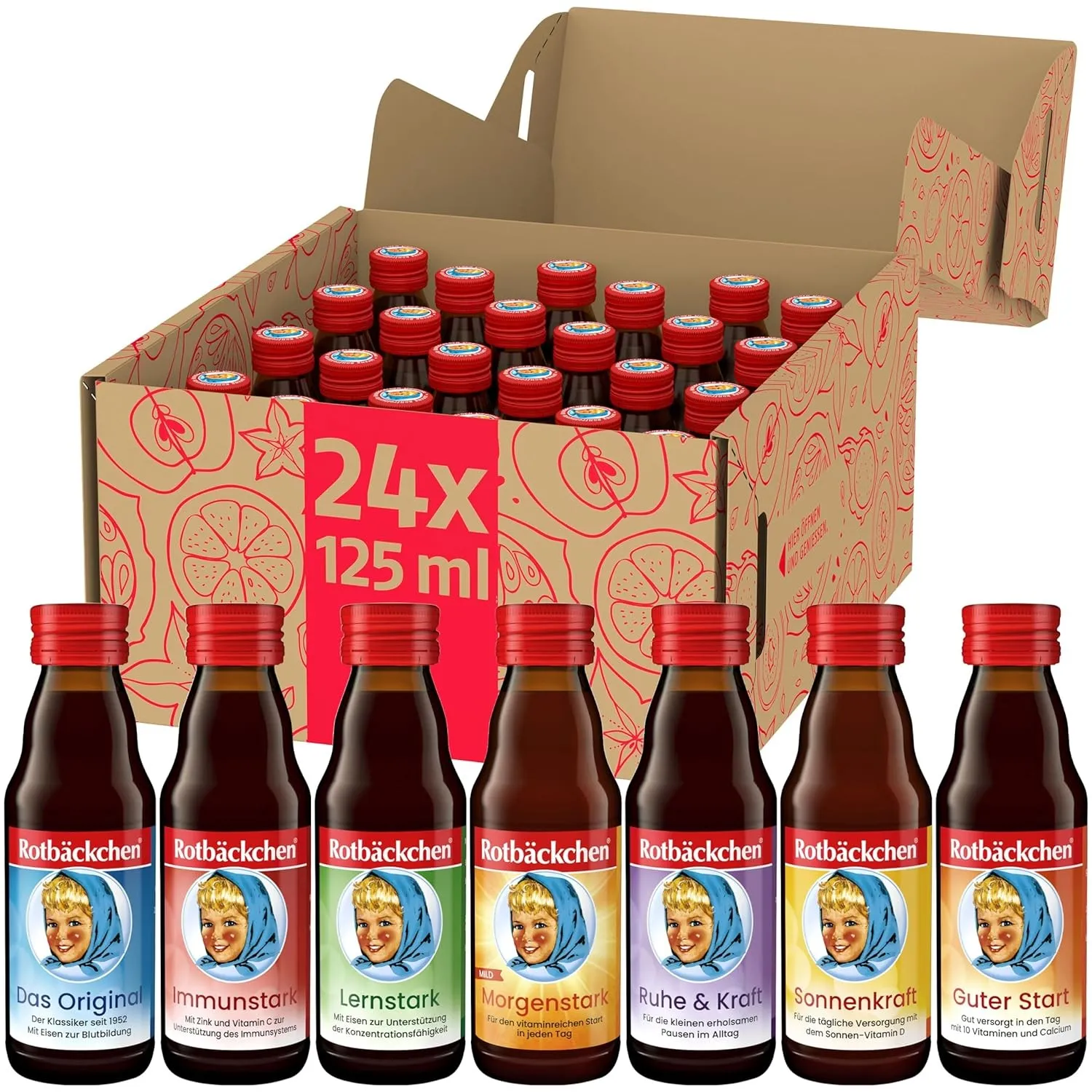 Rotbäckchen Probierpaket Mini, 7 verschiedene Sorten im 24er Pack (24 x 125 ml), Flasche