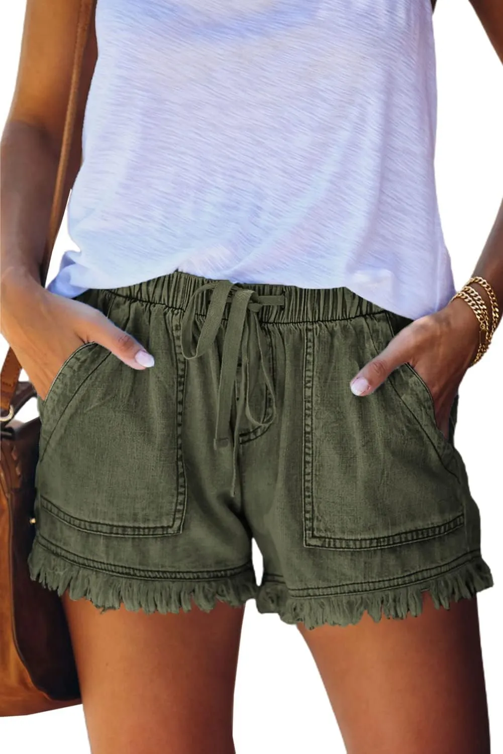 HVEPUO Women's Cotton Linen Shorts, Elastic Band Hot Trousers, Summer Wide Shorts