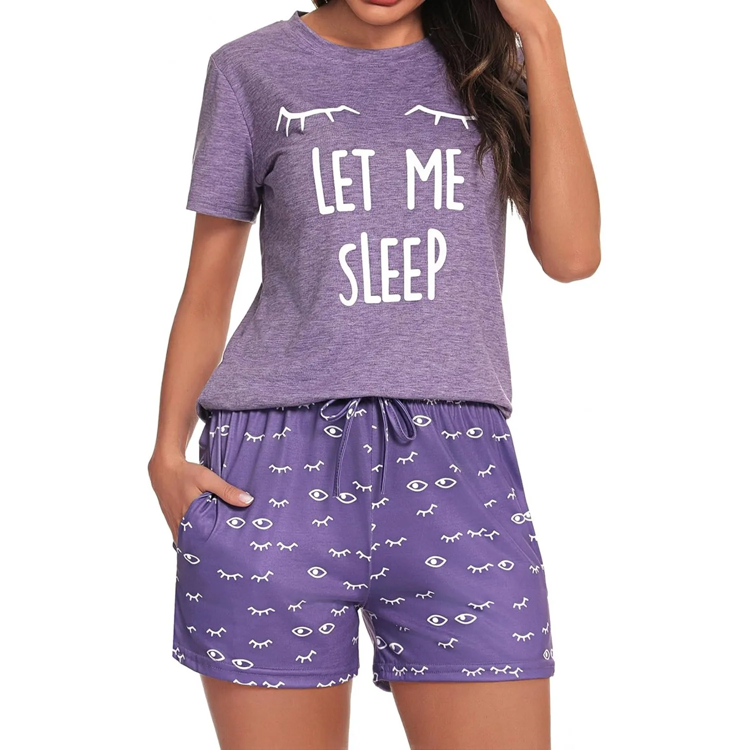 Uniexcosm Schlafanzug Damen Kurz Baumwolle Zweiteiliger Pyjama Set Kurzarm Nachtwäsche Wimperndruck Sleepwear Hausanzug…