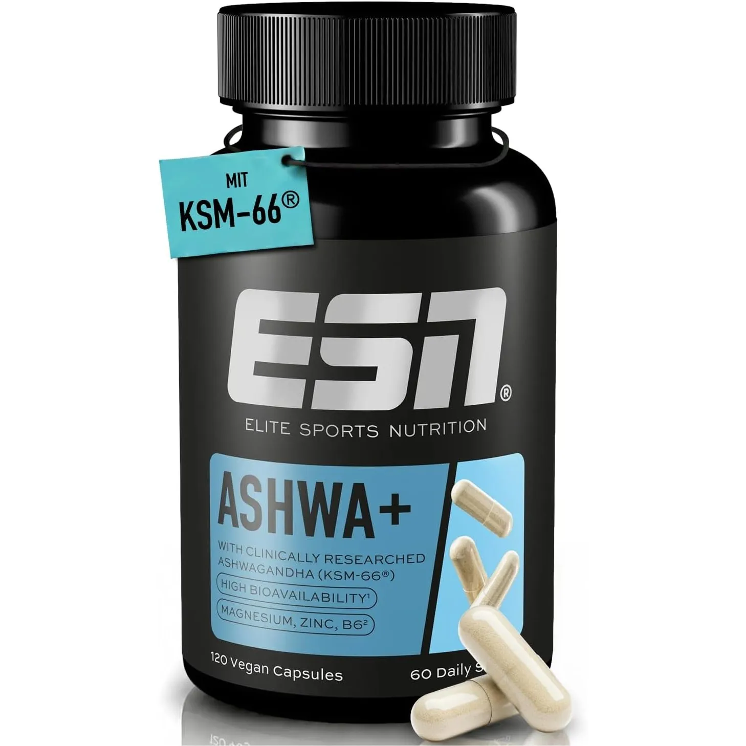 ESN Ashwa +, patentierter Ashwagandha Wurzelextrakt KSM-66®, 120 Kapseln