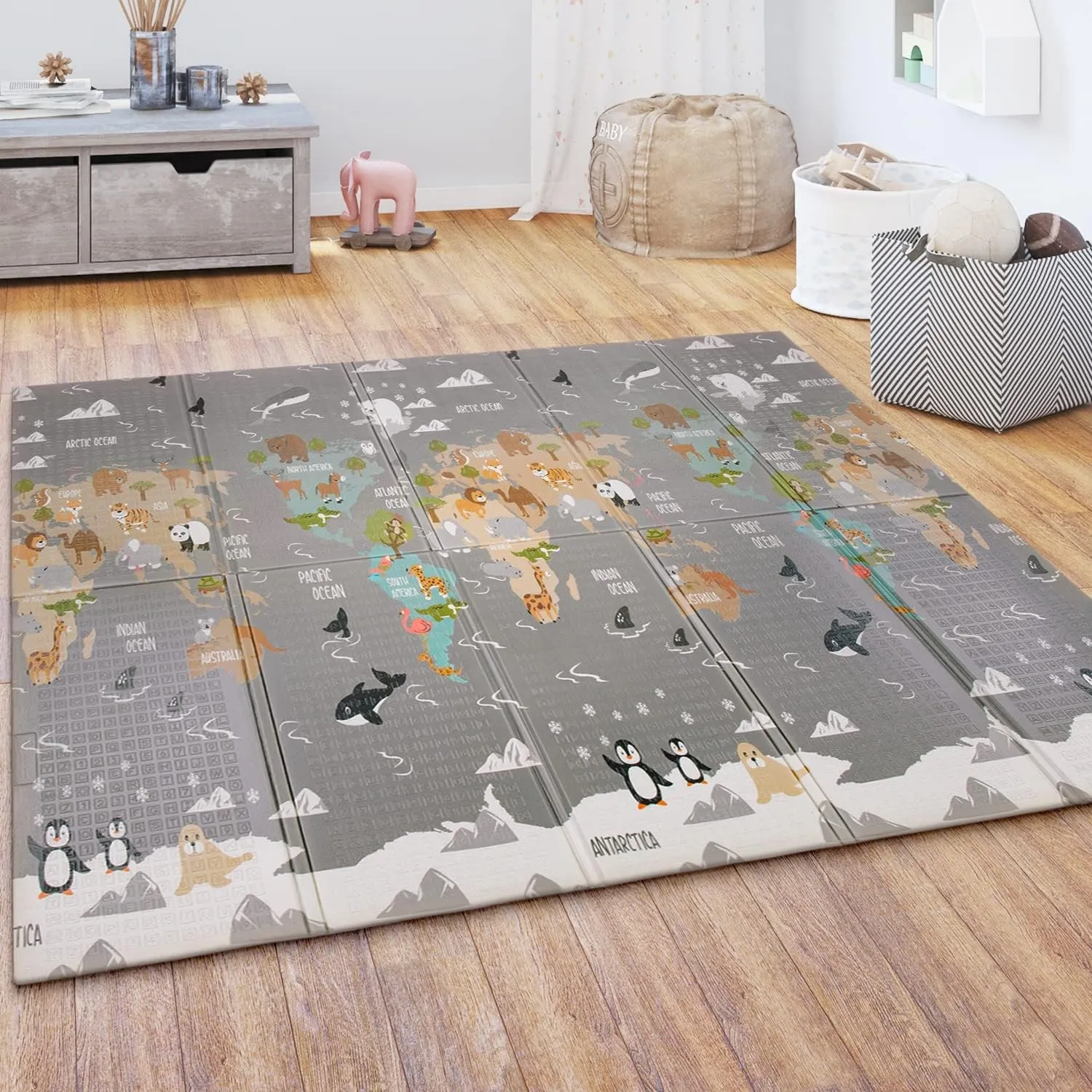 Paco Home Spielmatte Krabbelmatte Baby Kinder Matte Faltbar Abwischbar Wendbar Tier Motiv, Grösse:180x200 cm, Farbe:Bun…