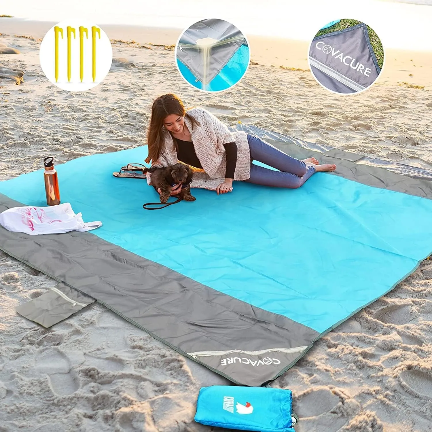 COVACURE Picknickdecke Stranddecke Strandmatte Campingdecke, 210 x 200 cm Wasserdicht, Sanddicht, 0.38kg Ultraleicht & …