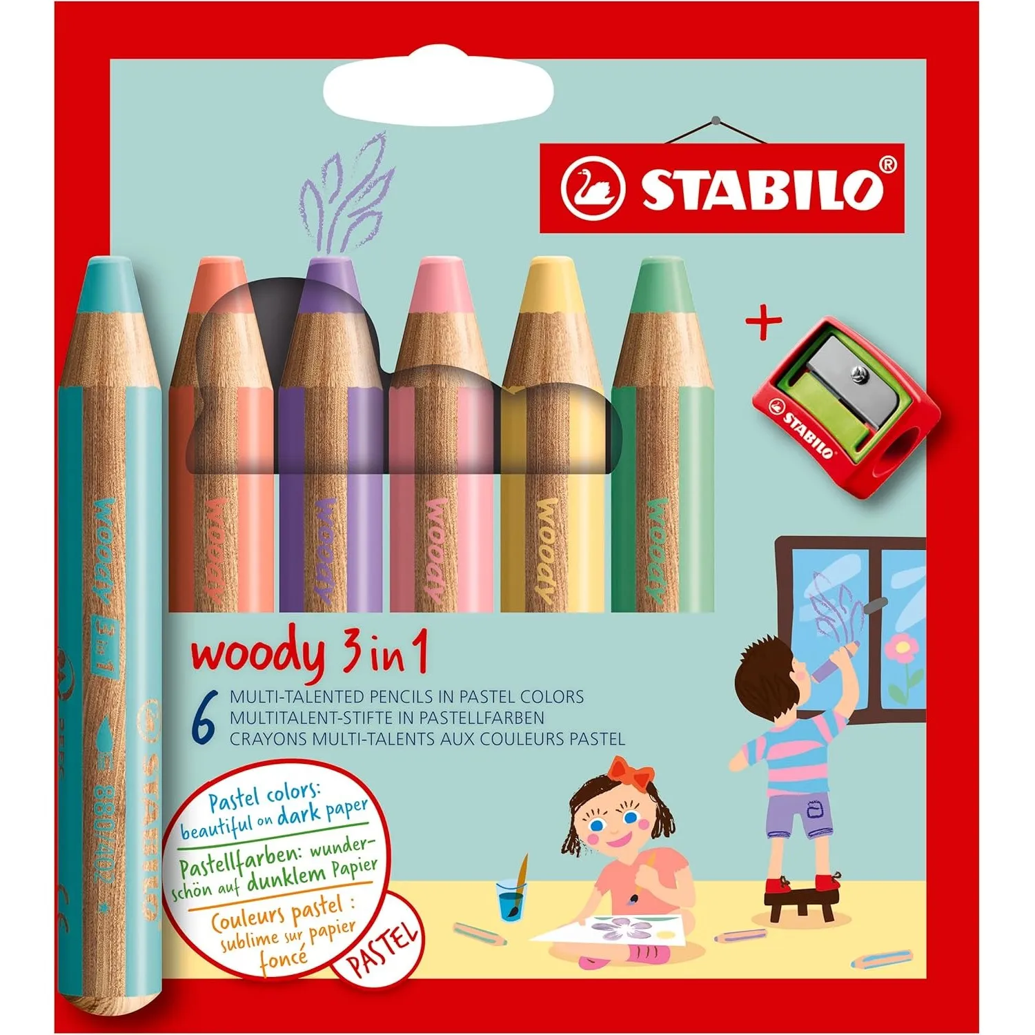 STABILO - Buntstift, Wasserfarbe & Wachsmalkreide - woody 3 in 1 | 6er Pack mit Spitzer, Pastellfarben