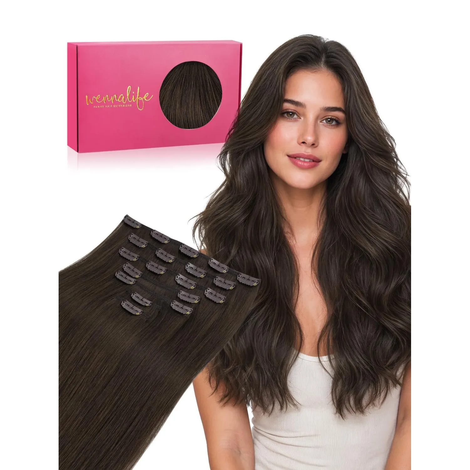 WENNALIFE Clip in Extensions Echthaar, 50cm 20 Zoll 120g 7pcs Helles Dunkel Braun Hair Extensions Clip in Echthaar Remy…