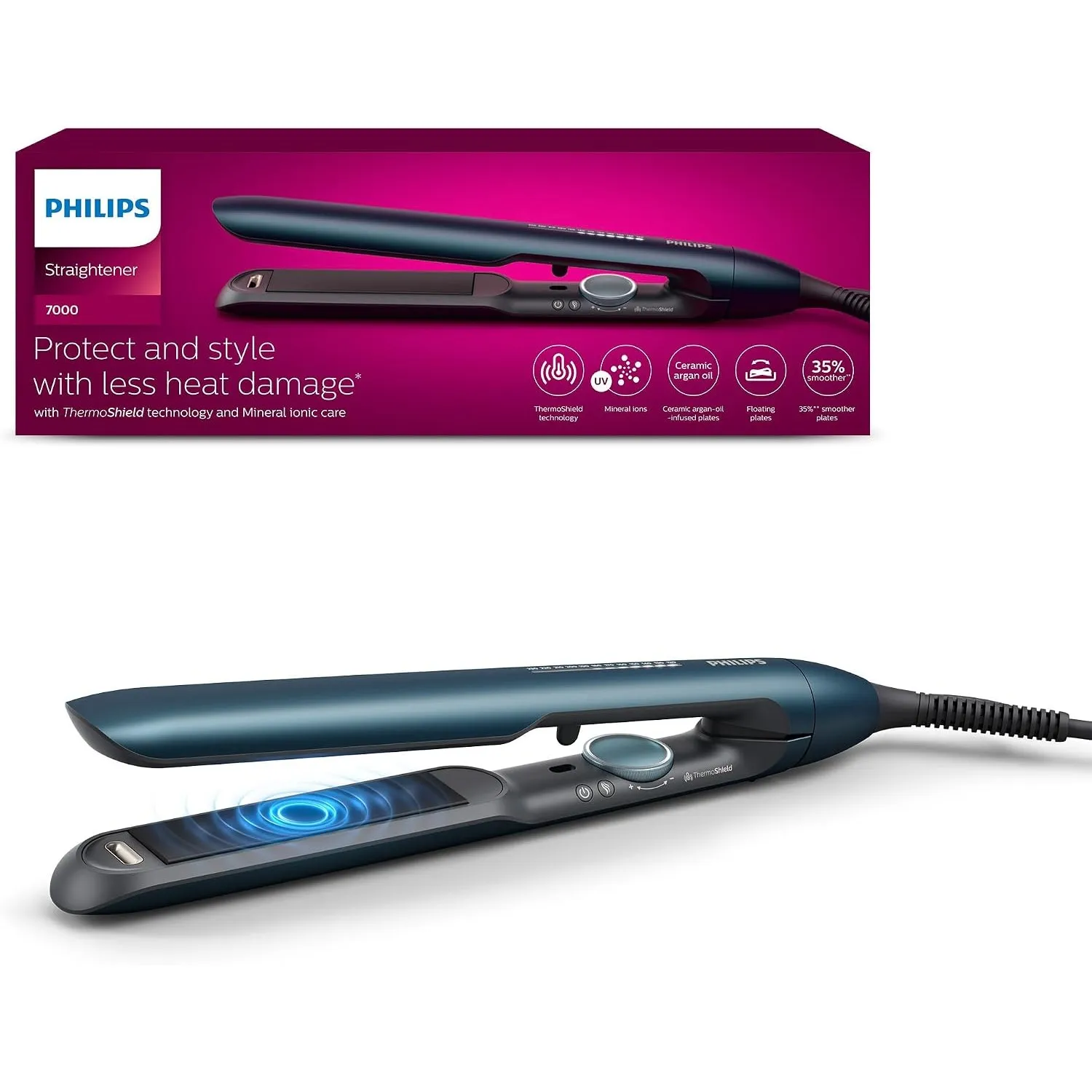 Philips Haarglätter 7000 Series, ThermoShield Technologie, Ionisierungsfunktion, Keramikplatten mit Arganöl, Blaugrün-M…
