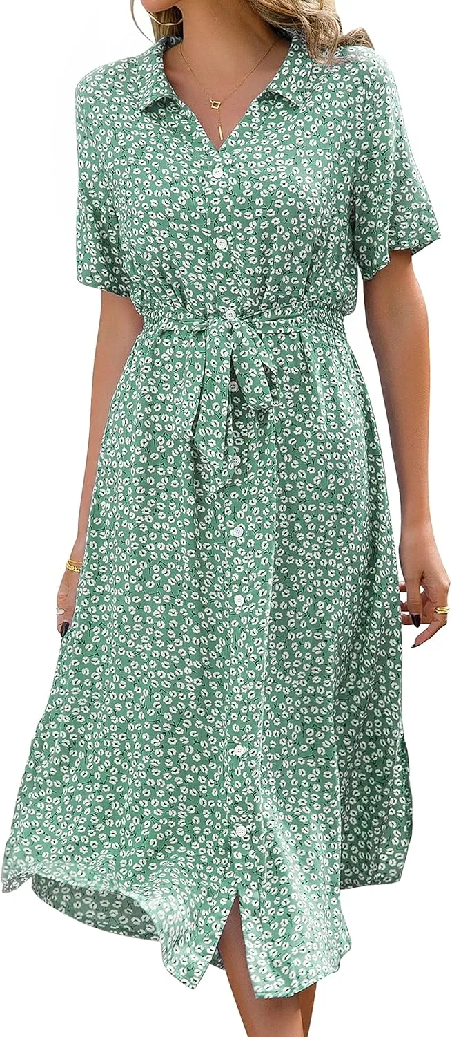 Livonmone Women's Short-Sleeve Summer Dress, Casual, V-Neck, Floral Print Dress, Beach Dress, Sexy, Slit, Midi Dress, C…