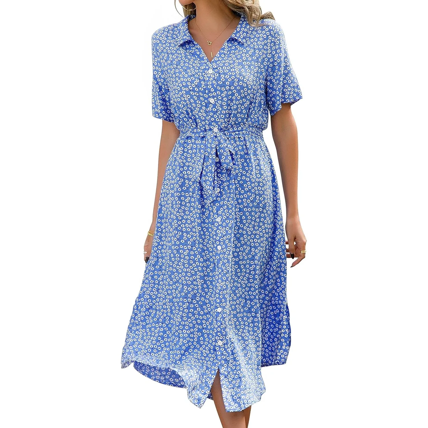 Livonmone Sommerkleid Damen Kurzarm Casual V-Ausschnitt Blumendruck Kleider Strandkleider Sexy Schlitz Midikleid Cockta…