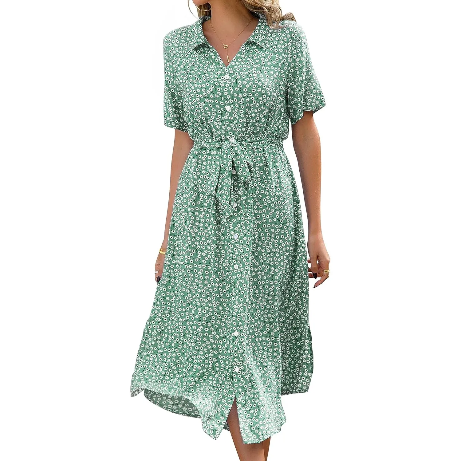 Livonmone Sommerkleid Damen Kurzarm Casual V-Ausschnitt Blumendruck Kleider Strandkleider Sexy Schlitz Midikleid Cockta…