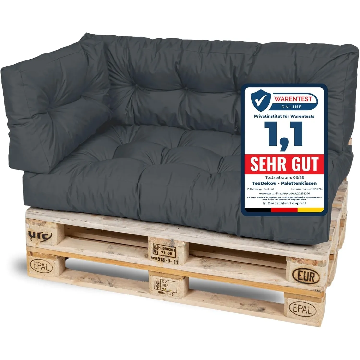 TexDeko® Garden Palettenkissen Set 3-TLG 120x80x18cm Anthrazit | In- & Outdoor, wasserabweisend, UV-beständig, zusätzli…