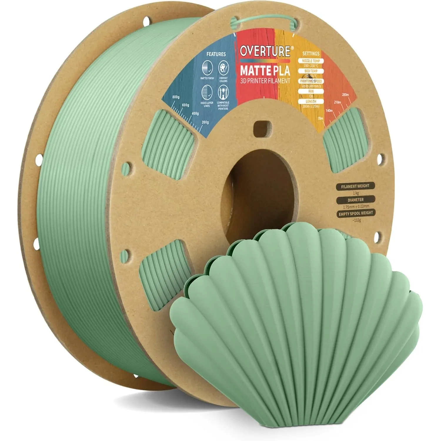 OVERTURE Matte PLA Filament 1,75 mm Hellgrün | Natürlich matt