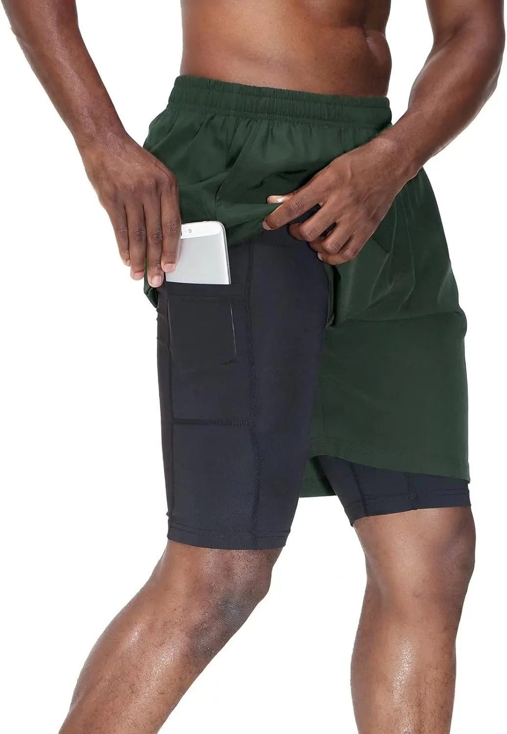 HMIYA Herren 2 in 1 Shorts Fitness Sporthose Kurz Jogginghose Schnelltrocknende Laufhose mit Kompressionsshorts und Tas…