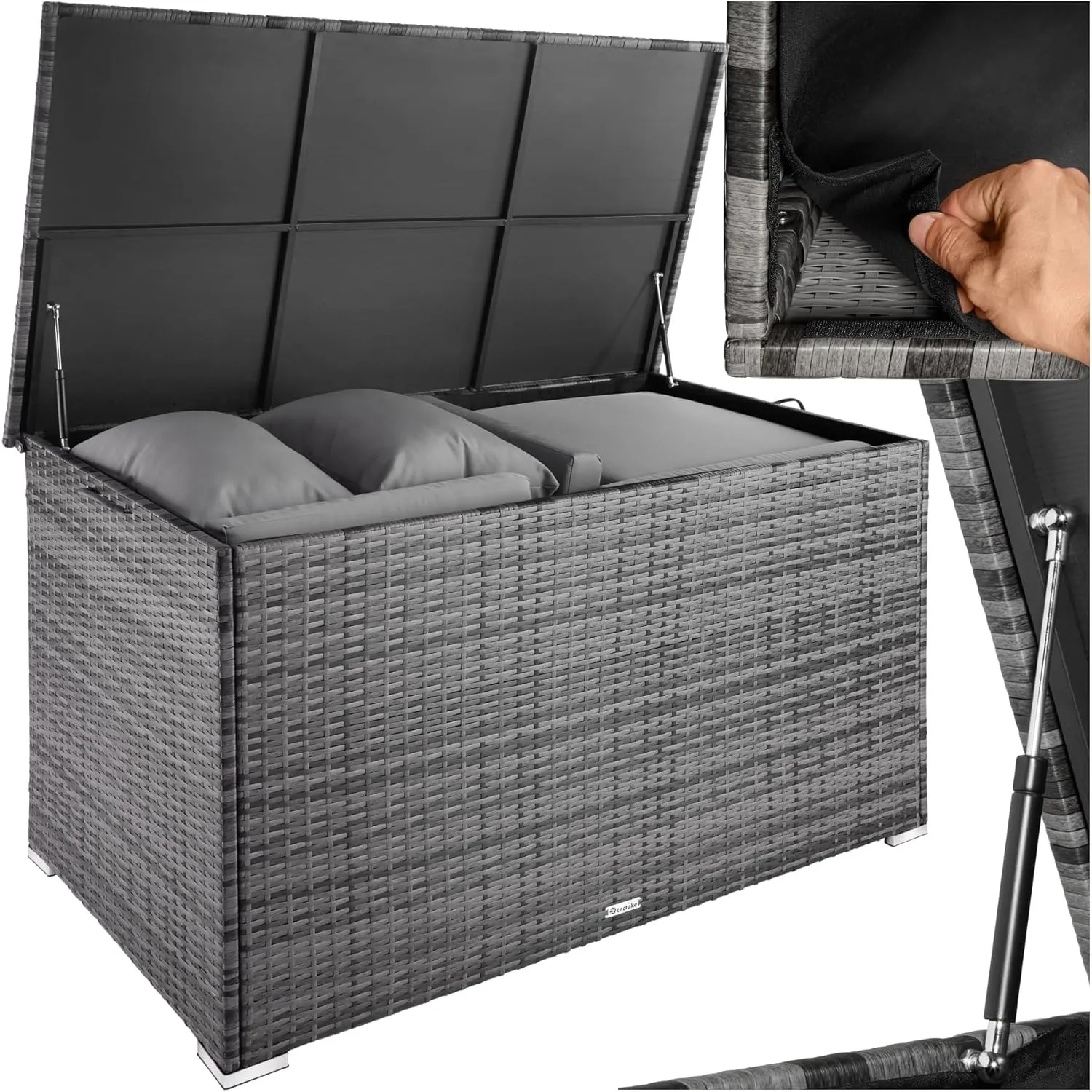 tectake® Aluminium Polyrattan Aufbewahrungsbox mit Deckel, 750L, Gartenkiste wetterfest, Gartenbox mit Gasdruckfedern, …