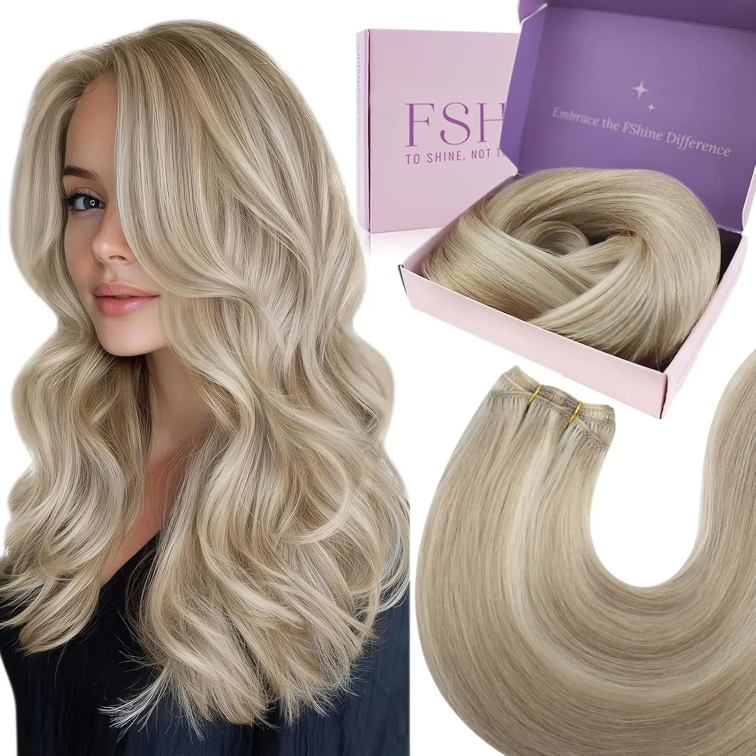 Fshine Echthaar Tressen zum Einnähen Aschblonde mit Blond 35 cm 100 g | Extensions Echthaar Tressen, hohe Haardichte, s…