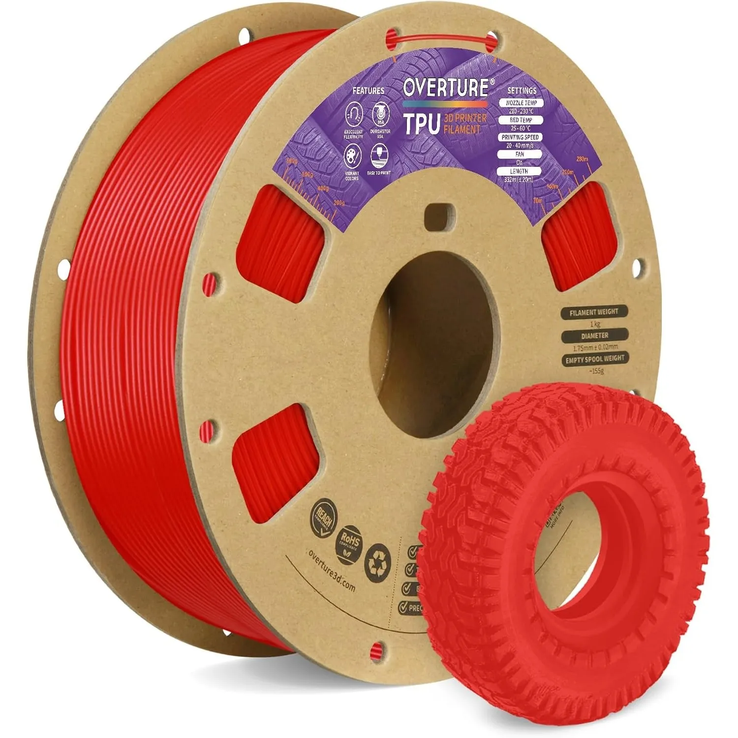 OVERTURE TPU 95A Filament 1,75 mm Rot | Flexibe & elastisch