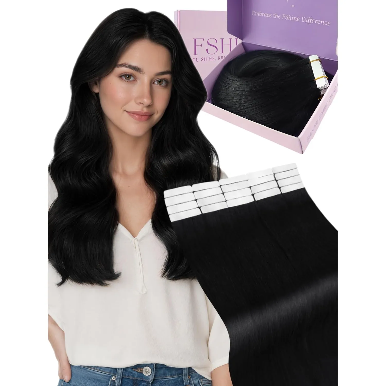 Fshine Tape Extensions Echthaar Tiefschwarz 55cm 50g Tape Extensions