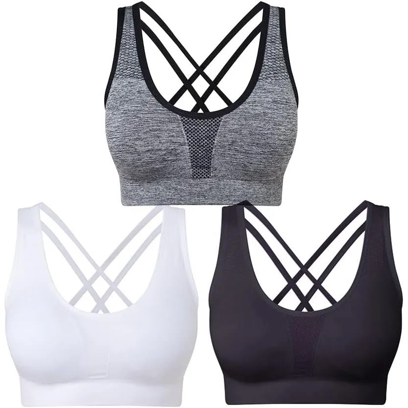 Damen Sport BH Set Ohne Bügel Kreuz Rücken Yoga Bustier Gepolsterter