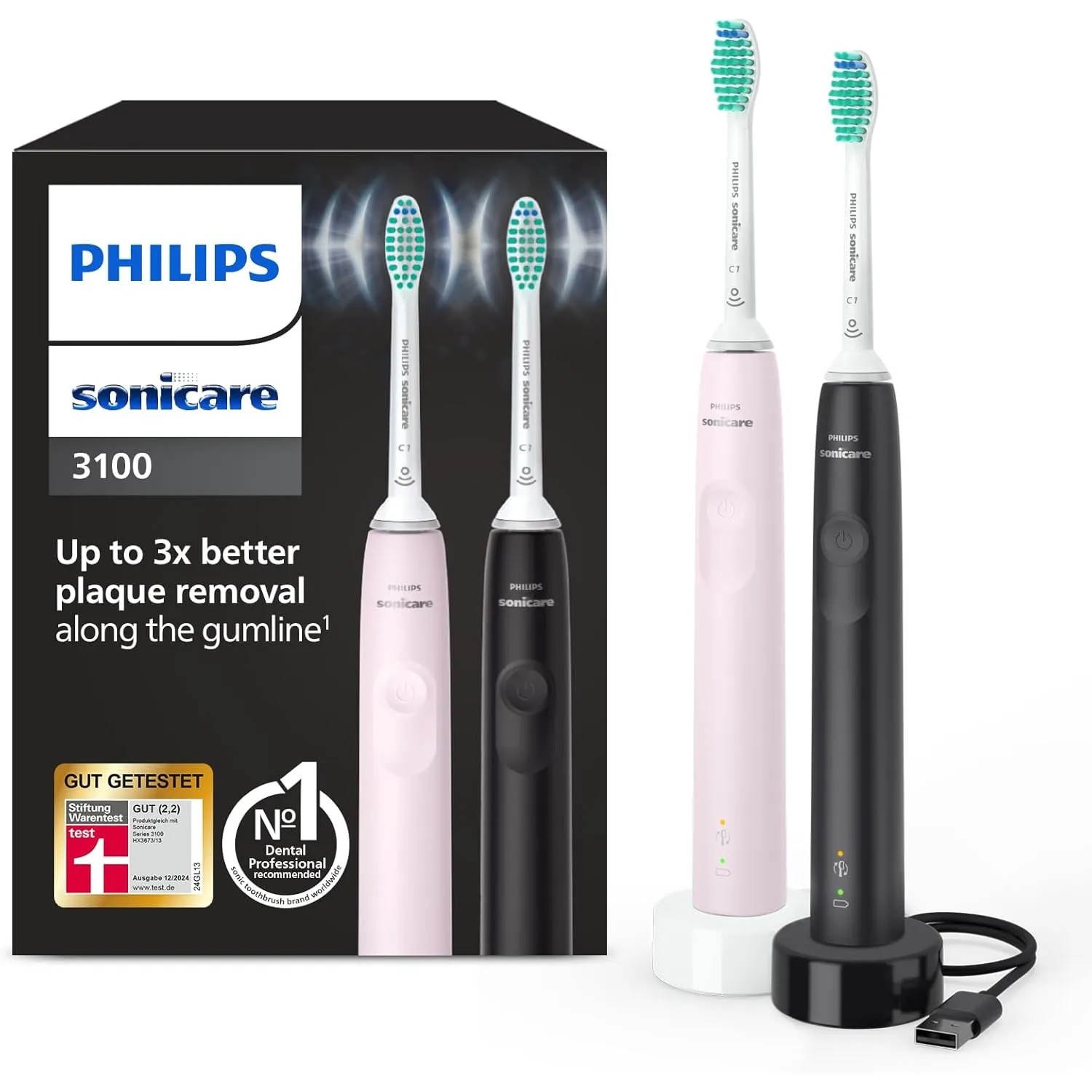 Philips Sonicare 3100 elektrische Zahnbürste, Schallzahnbürste, Andruckkontrolle und Timer, Sugar Rose und Schwarz, Zwe…