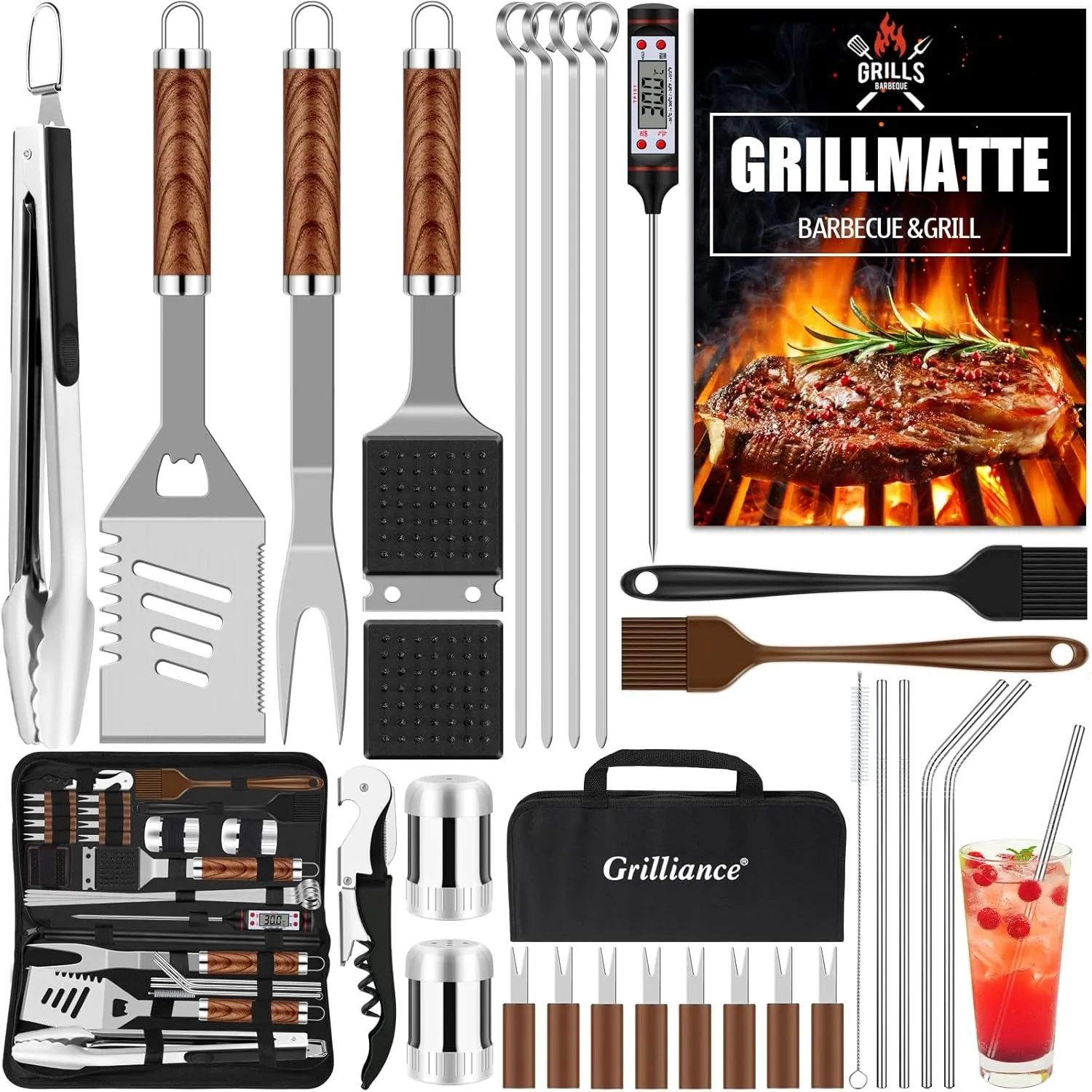 Grilliance BBQ Grillbesteck Set 30 Grillzubehör aus Hochwertiger Edelstahl Grillzange Grillspachtel Korkenzieher Grills…
