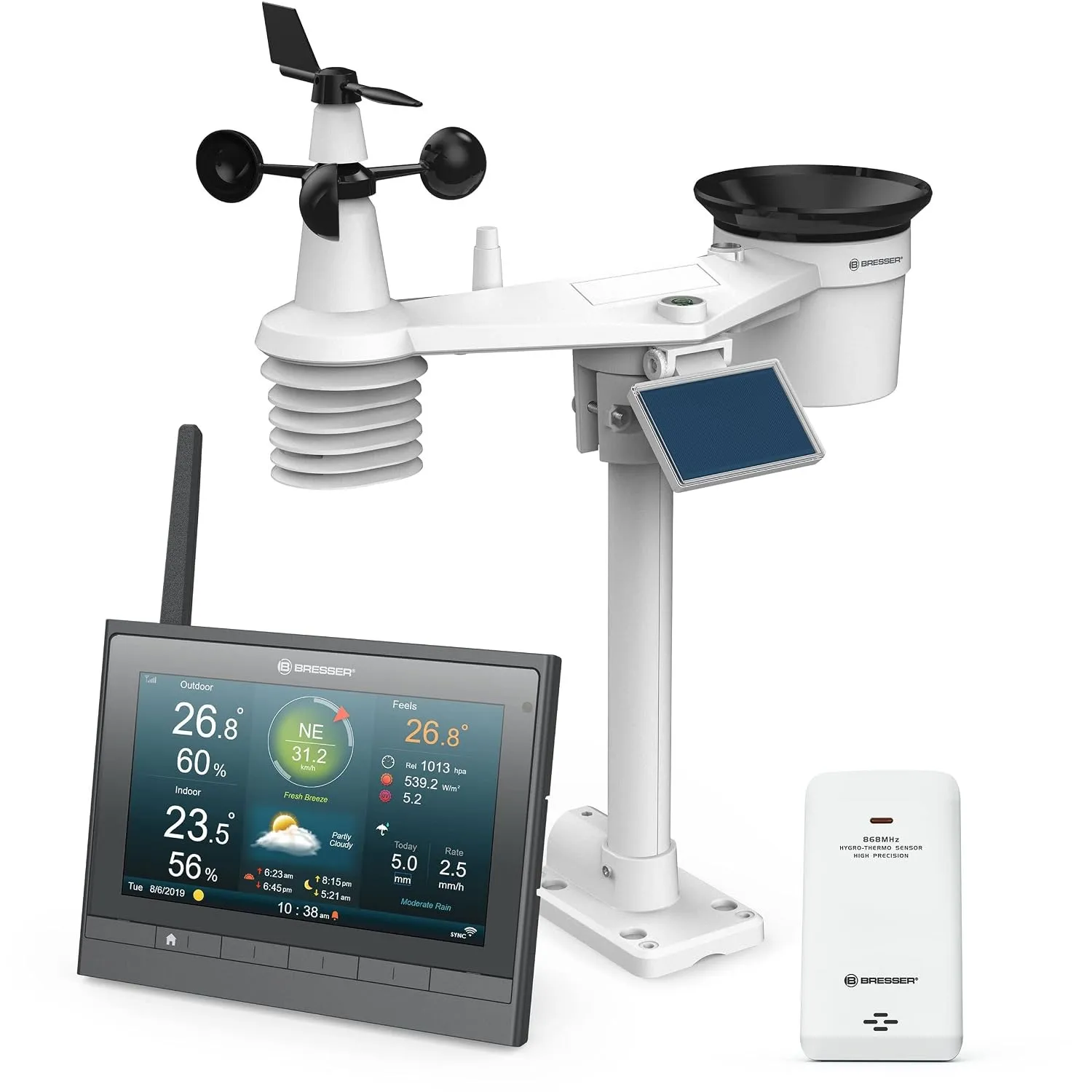 Bresser Wetterstation Funk mit Außensensor - solarbetrieben - und Thermo-Hygro-Funksensor MeteoChamp HD WLAN-Wetter-Cen…