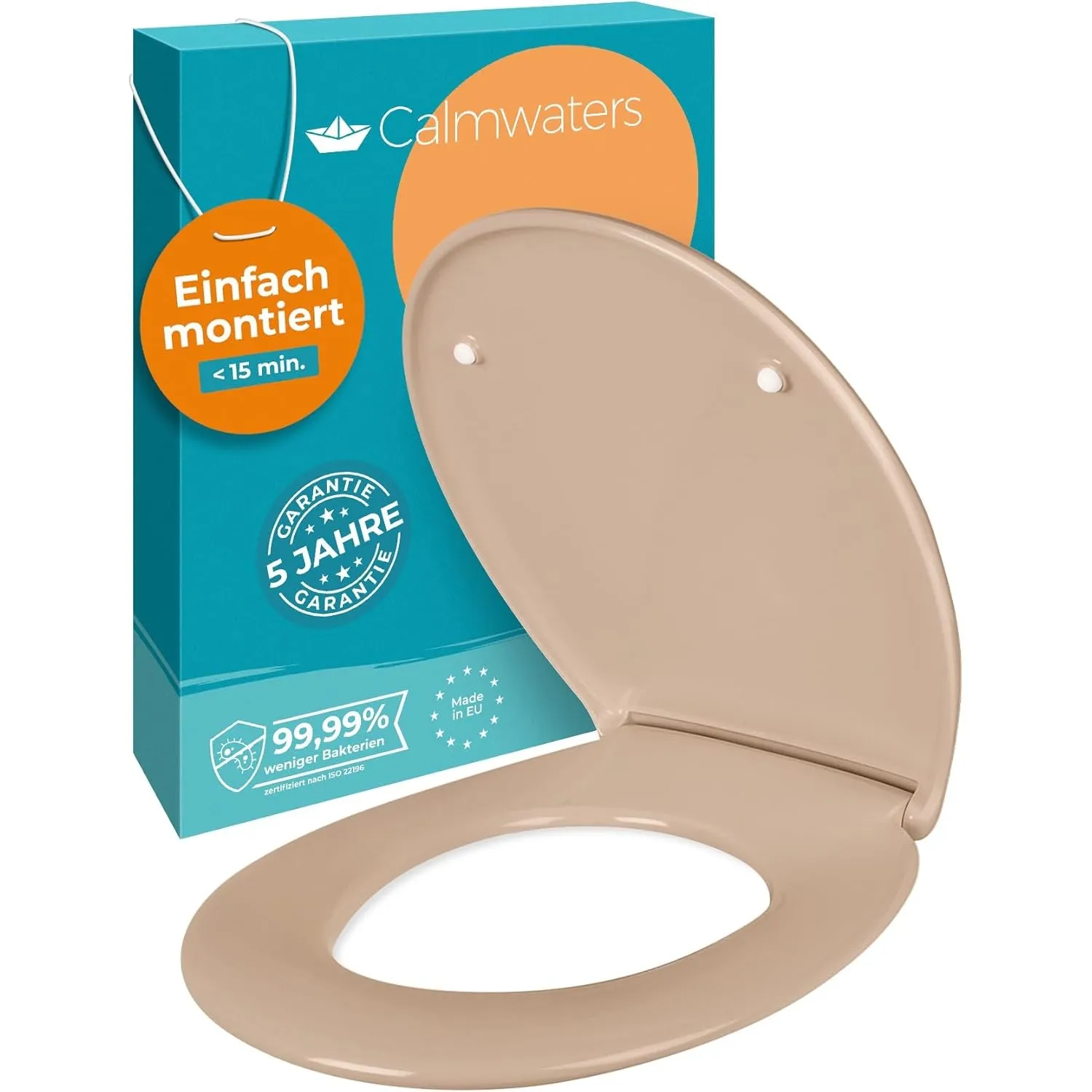 Calmwaters® Premium WC Sitz einfache Montage, Toilettendeckel bis 250 kg, Made in EU, antibakterieller Duroplast, Absen…