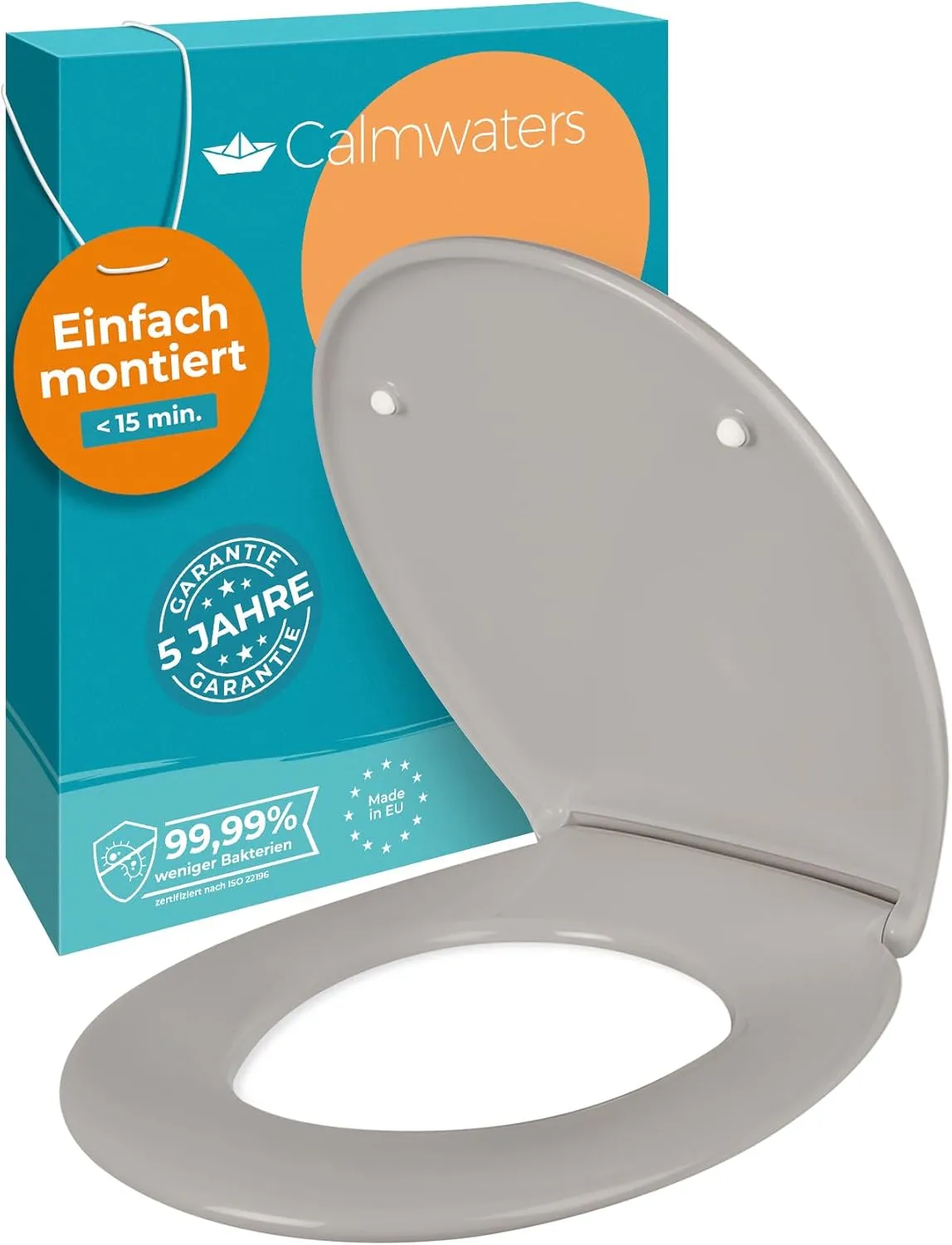Calmwaters® Premium WC Sitz einfache Montage, Toilettendeckel bis 250 kg, Made in EU, aus antibakteriellem Duroplast, Absenkautomatik, 2 Montage Optionen, abnehmbar, Klobrille, oval, Manhattan-Grau