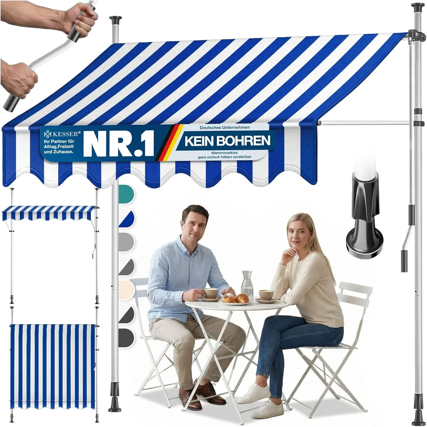 KESSER® Klemmmarkise mit Handkurbel Balkon | Balkonmarkise ohne Bohren | Markise UV-beständig höhenverstellbar & wasser…
