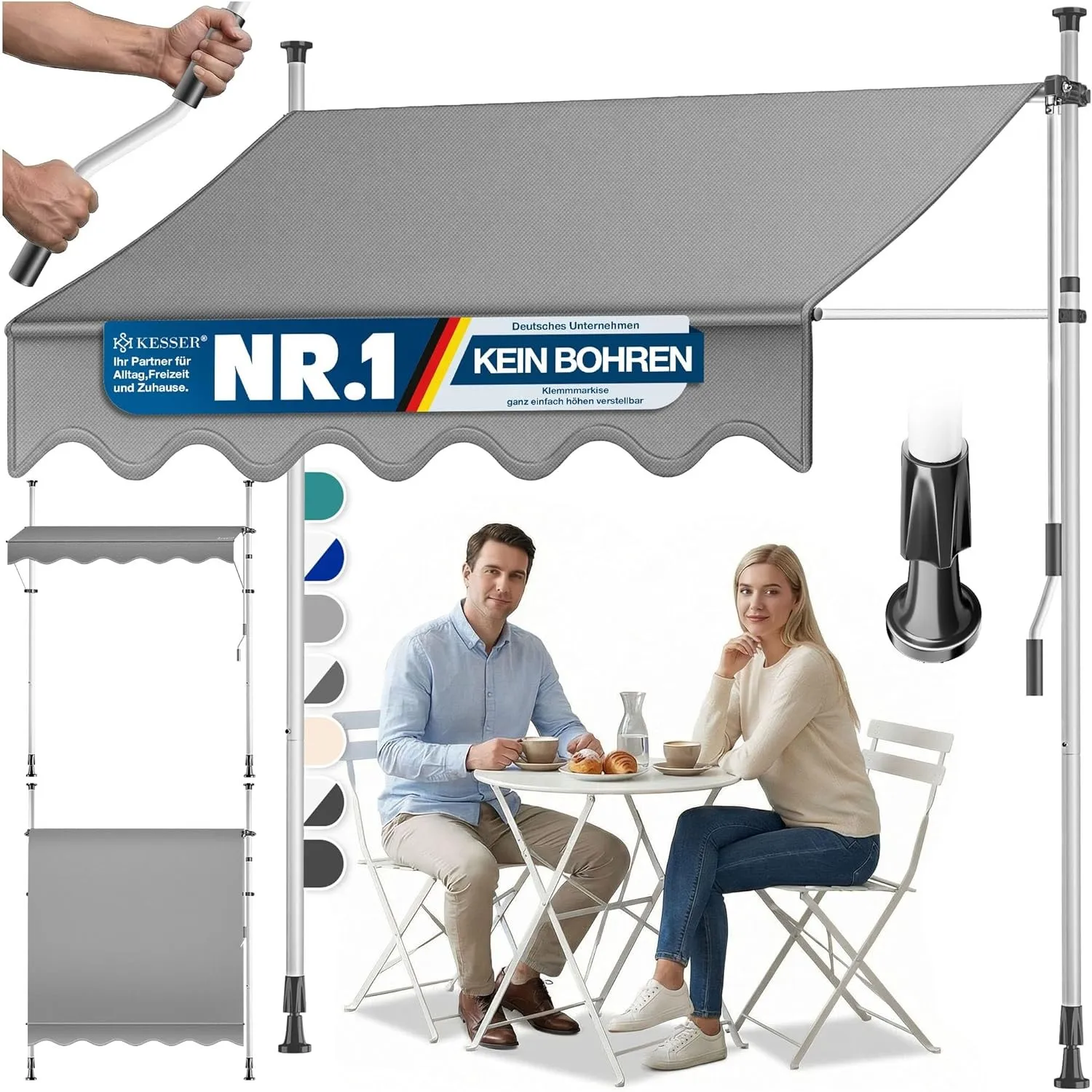 KESSER® Sonnenschutz Markise manuell ausziehbar 350cm | Sonnensegel UV Schutz Sonnenschutz | Klemmmarkise für Outdoor, …