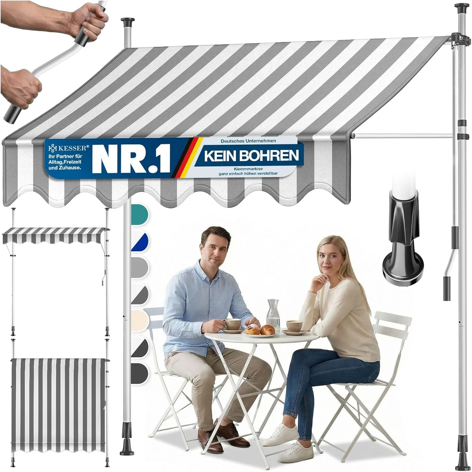 KESSER® Klemmmarkise mit Handkurbel Balkon | Balkonmarkise ohne Bohren | Markise UV-beständig höhenverstellbar & wasser…