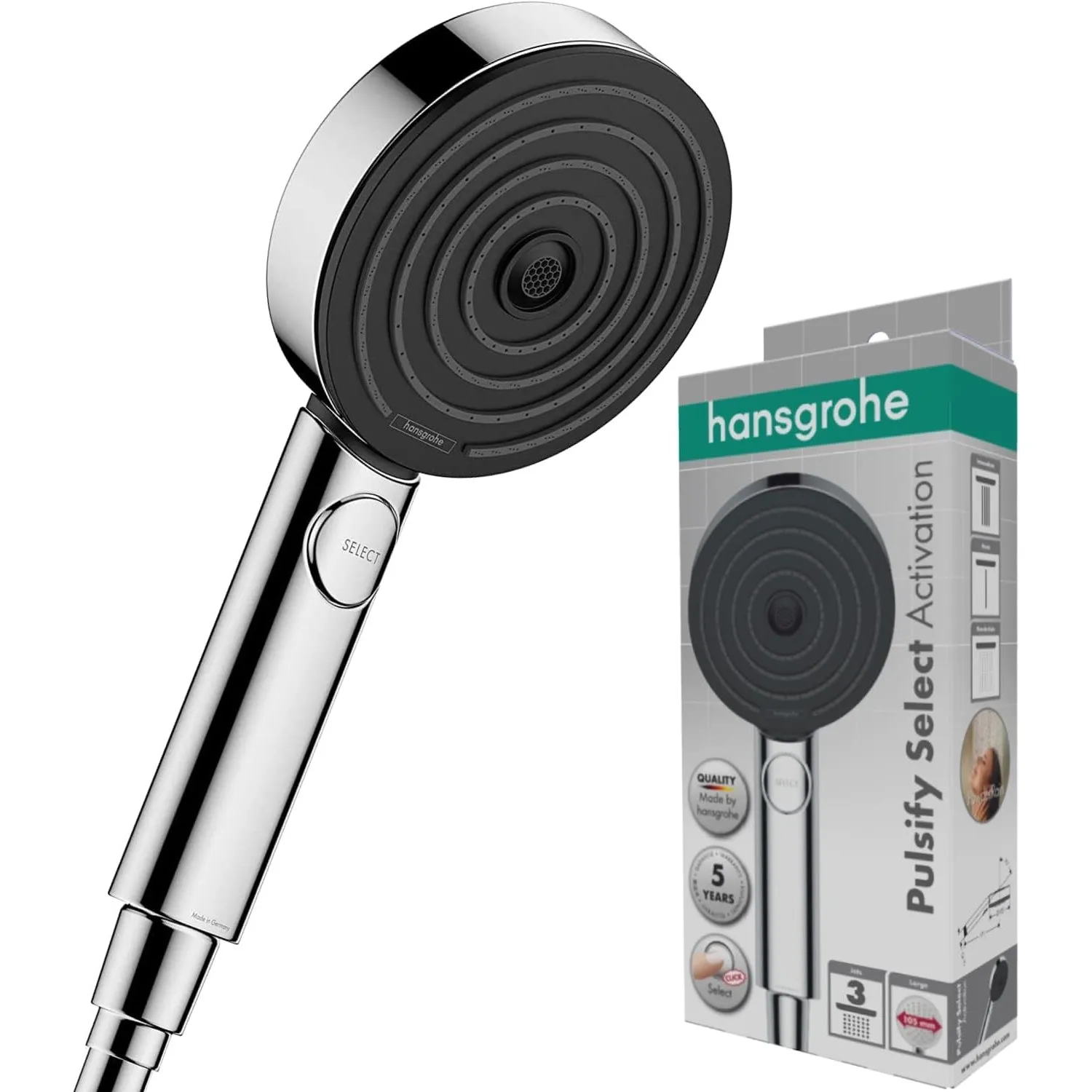 hansgrohe Pulsify S - Duschkopf, Handbrause mit 3 Strahlarten (Activation Version), runde Duschbrause (105 mm), Brausek…