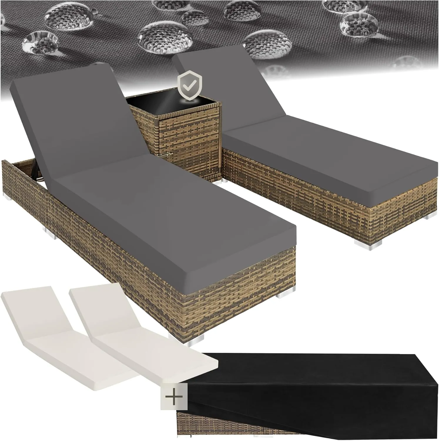 tectake® 2er Garten Lounge Sonnenliegen Set mit Tisch, Aluminium Gartenliege, Gartenlounge Outdoor, Relaxliege inkl. 2 …