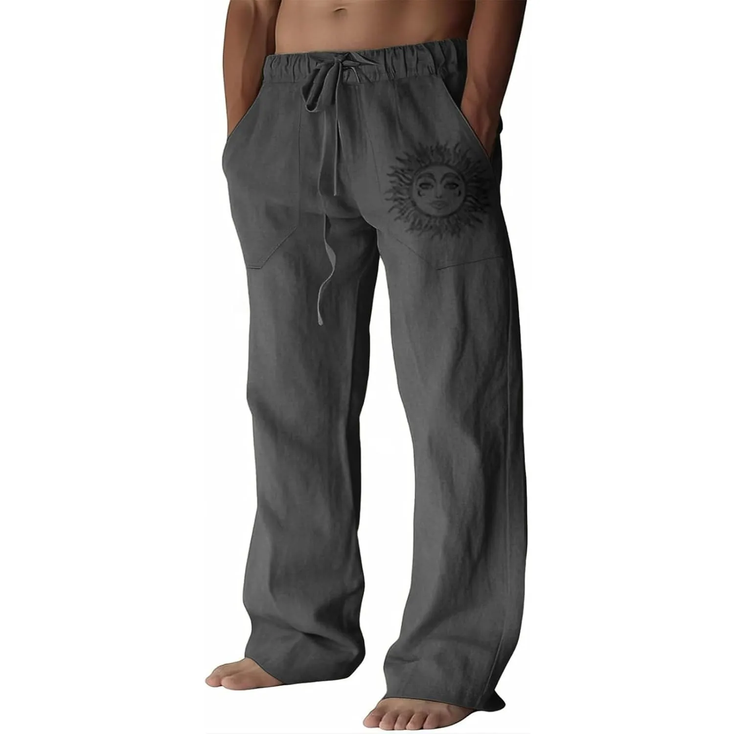 Puimentiua Leinenhose Herren,Lang Leichte Sommerhose,Loose Fit Freizeithose,Baumwollehosen mit Tunnelzug und Taschen (S…