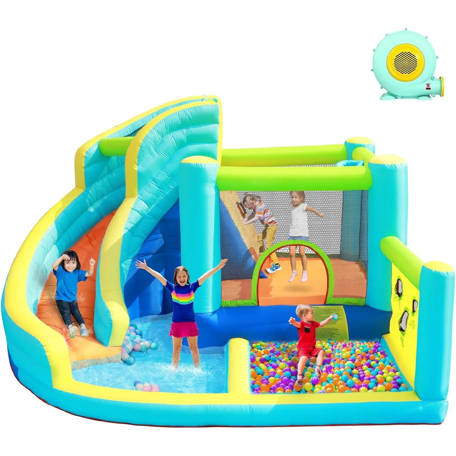 FBSPORT Hüpfburg mit Gebläse, Wasserspielcenter mit Trocken/Wasserrutsche Planschbecken Kletterwand Sprung und Basketba…