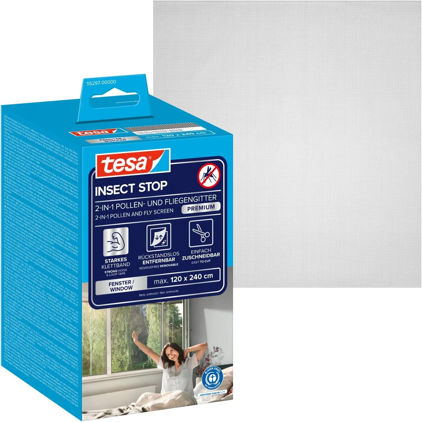tesa INSECT STOP 2-in-1 Pollen- und Fliegengitter Premium - zuschneidbarer, transparenter Pollenschutz für Allergiker -…