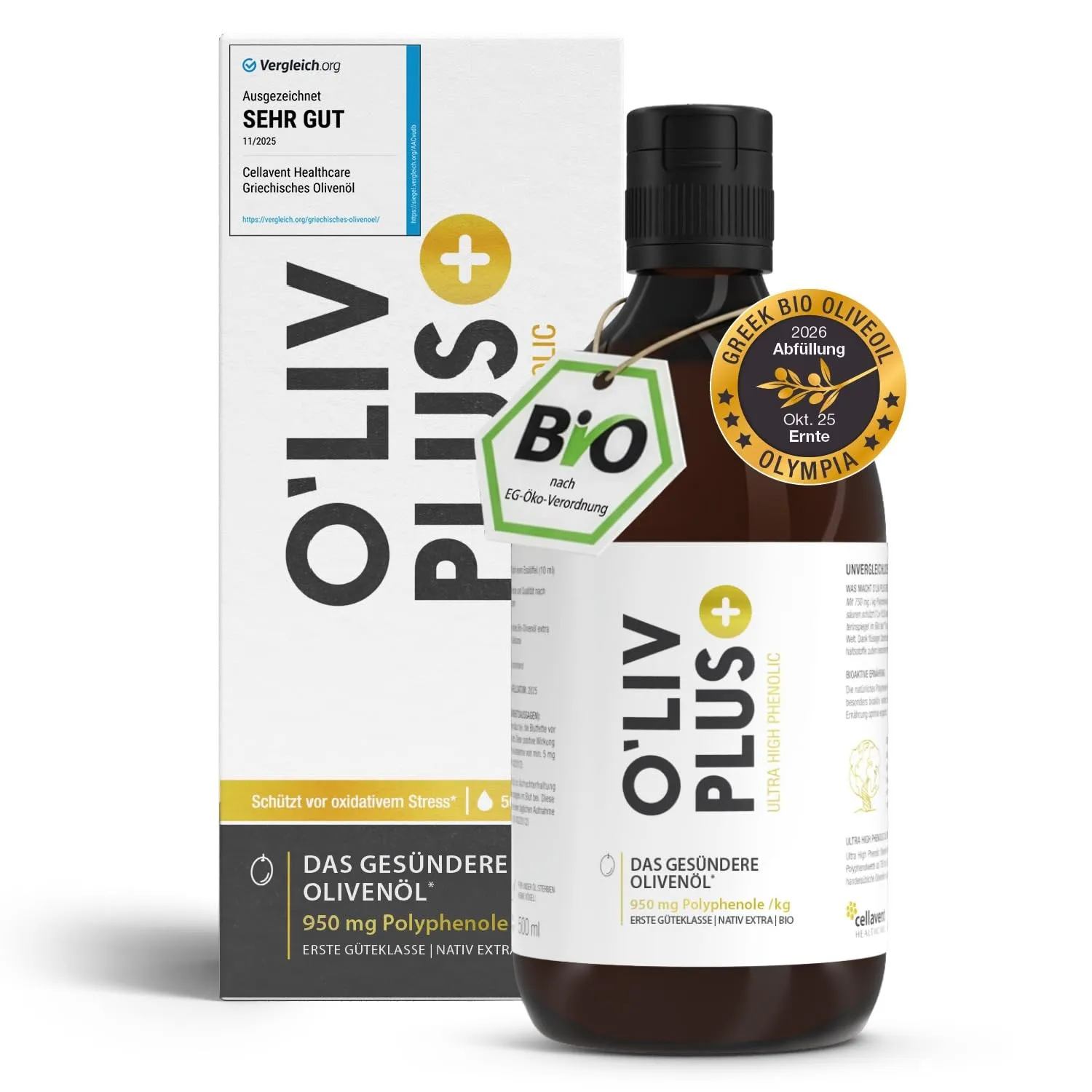 Das Olivenöl mit Gesundheitswert – extra hoher Polyphenol-Gehalt 950 mg/kg – Bio-Qualität – nur 1 Esslöffel/Tag – O'liv…