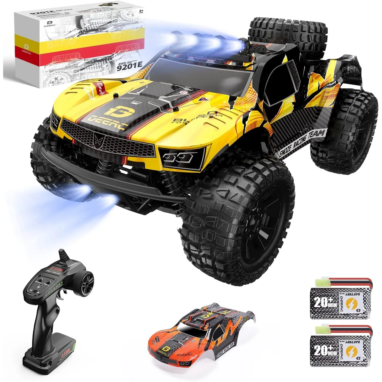 DEERC Ferngesteuerte Auto 1:10 mit Lichtern RC Auto 48km/h 4WD Offroad Hobby Grade Monster Crawler mit 2 Akkus 40 Minut…