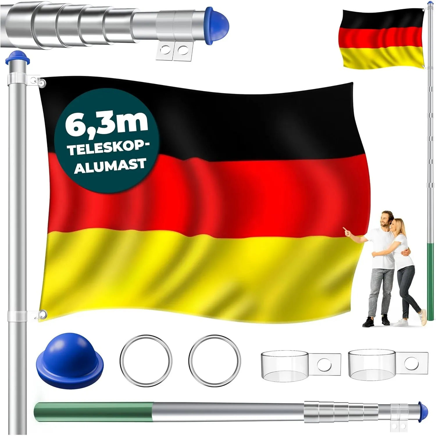 KESSER® Teleskop Fahnenmast Aluminium 6,30m Bodenhülse 60cm inkl Deutschlandfahne Höhenverstellbar Flaggenmast Mast Deu…