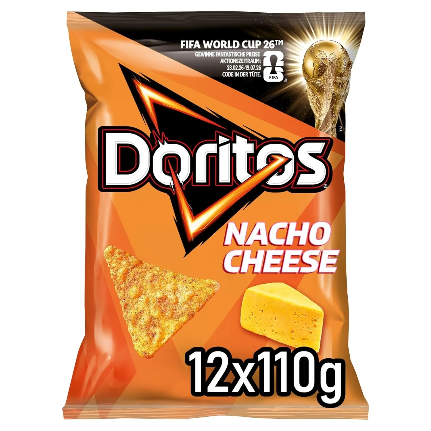 Doritos Nacho Cheese -Tortilla Nachos mit Käse Geschmack - Herzhafter Snack zum Knabbern aus Mais (12 x 110g) (Verpacku…