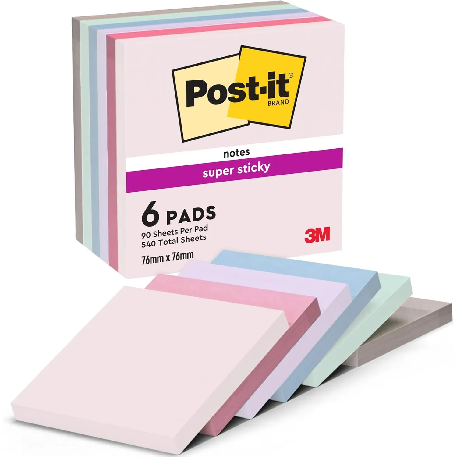 Post-it Super Sticky Notes Soulful Collection - 6 Blöcken, 90 Blatt pro Block, 76 mm x 76 mm, Pink, Lila, Grün, Grau, B…