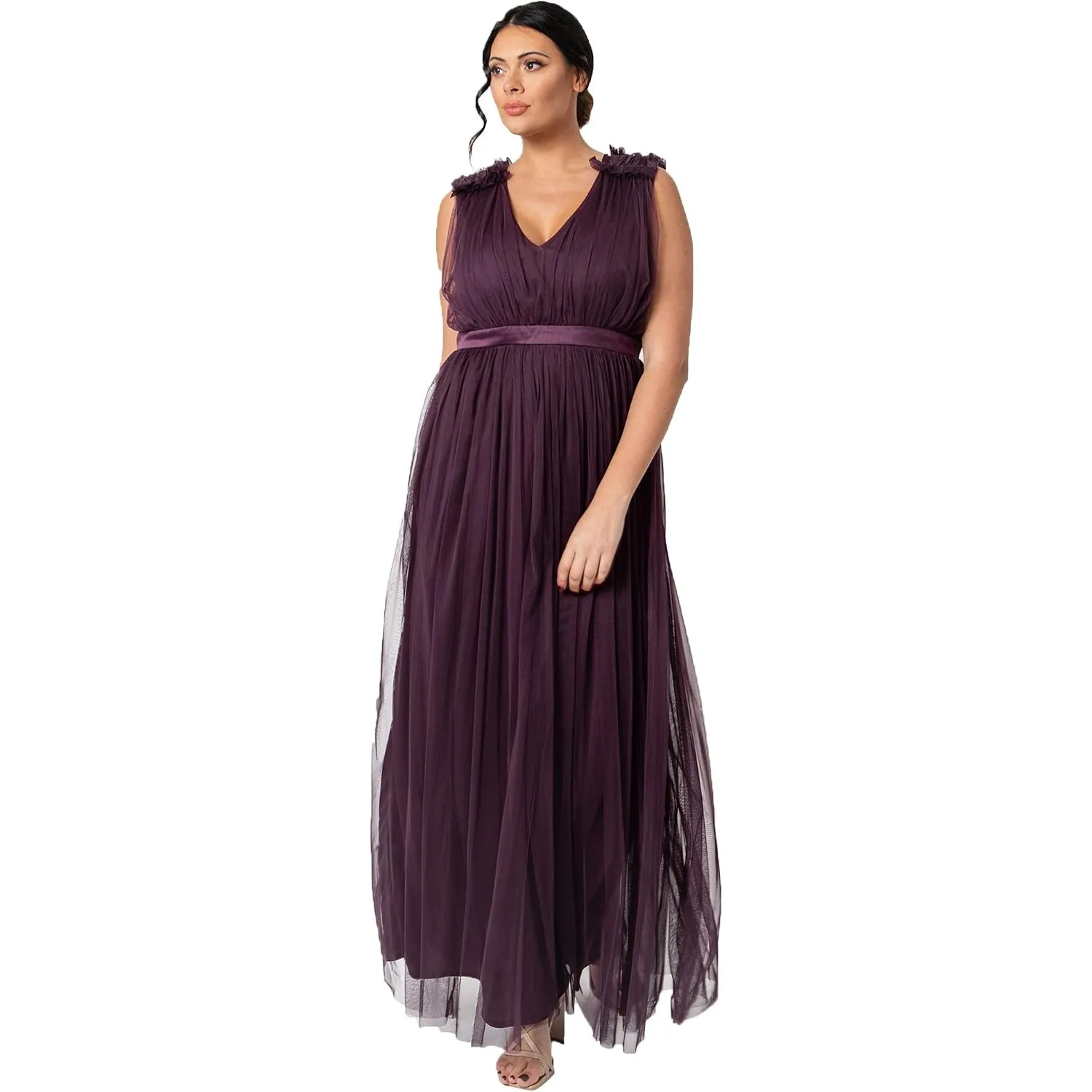 Maya Deluxe Ärmelloses Abendkleid mit Gerafftem V-Ausschnitt & Hoher Taille - Hochzeitsgast Kleid Damen, Tüllkleid Damen