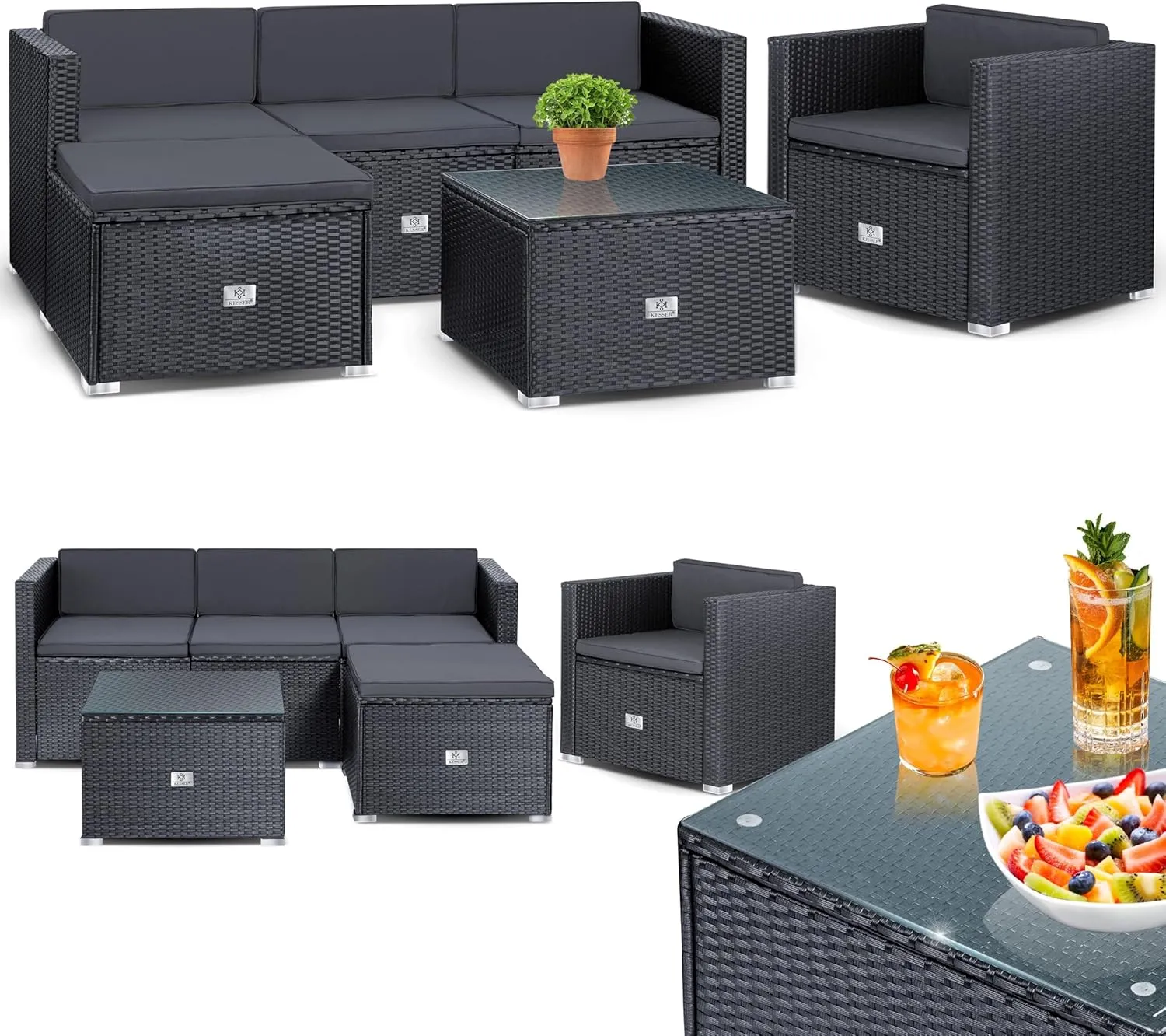 KESSER Aruba Polyrattan Lounge - Garden Lounge for 4-5 People, Garden Furniture Set, Seating Set of 3 Garden Sofa, Armc…