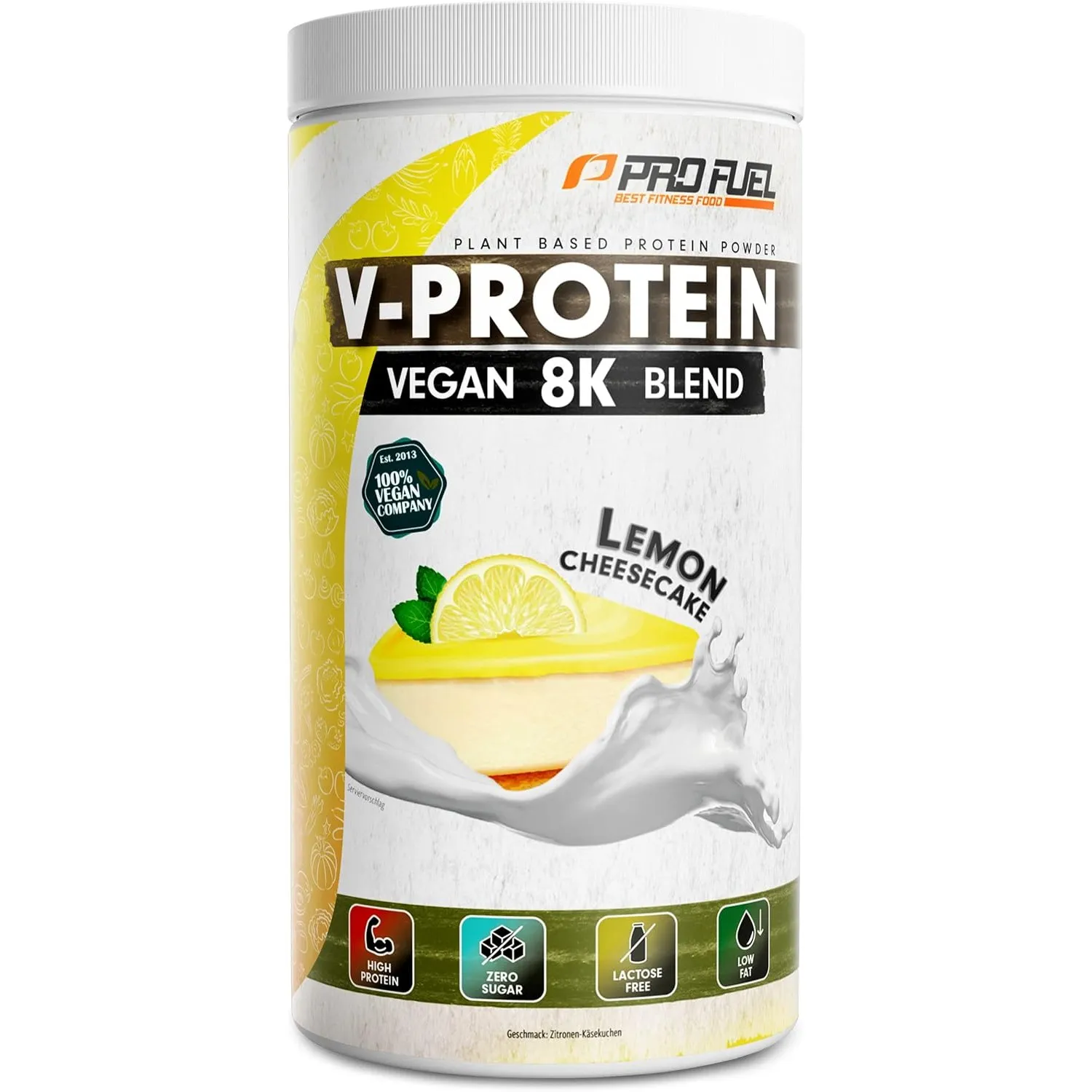 Vegan Protein – ZITRONE KÄSEKUCHEN - V-Protein 8K Blend - unglaublich lecker & cremig - mit Protein aus Sonnenblume, Re…