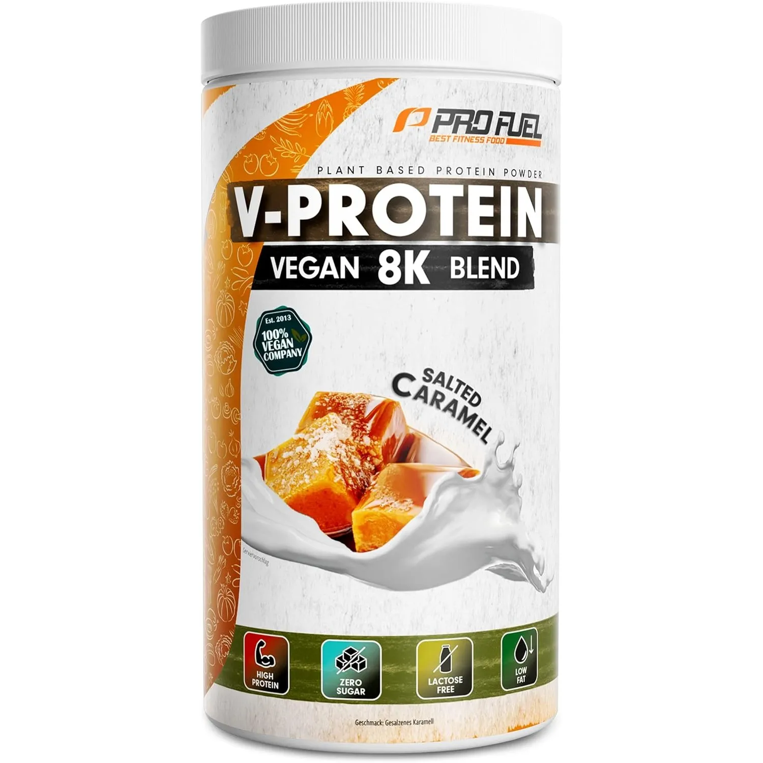 Vegan Protein – SALTED CARAMEL - V-Protein 8K Blend - unglaublich lecker & cremig - mit Protein aus Sonnenblume, Reis, …