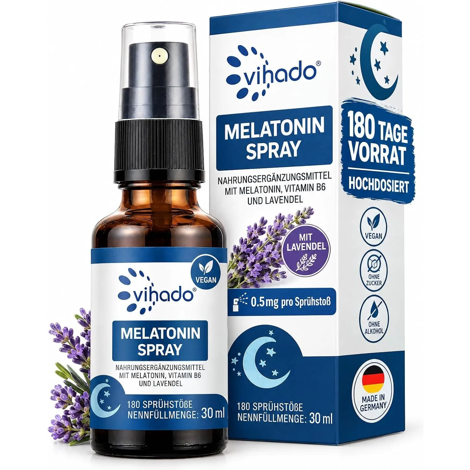 Vihado Melatonin Spray 5-fach hochdosiert, 180 Tage Vorrat, 30 ml