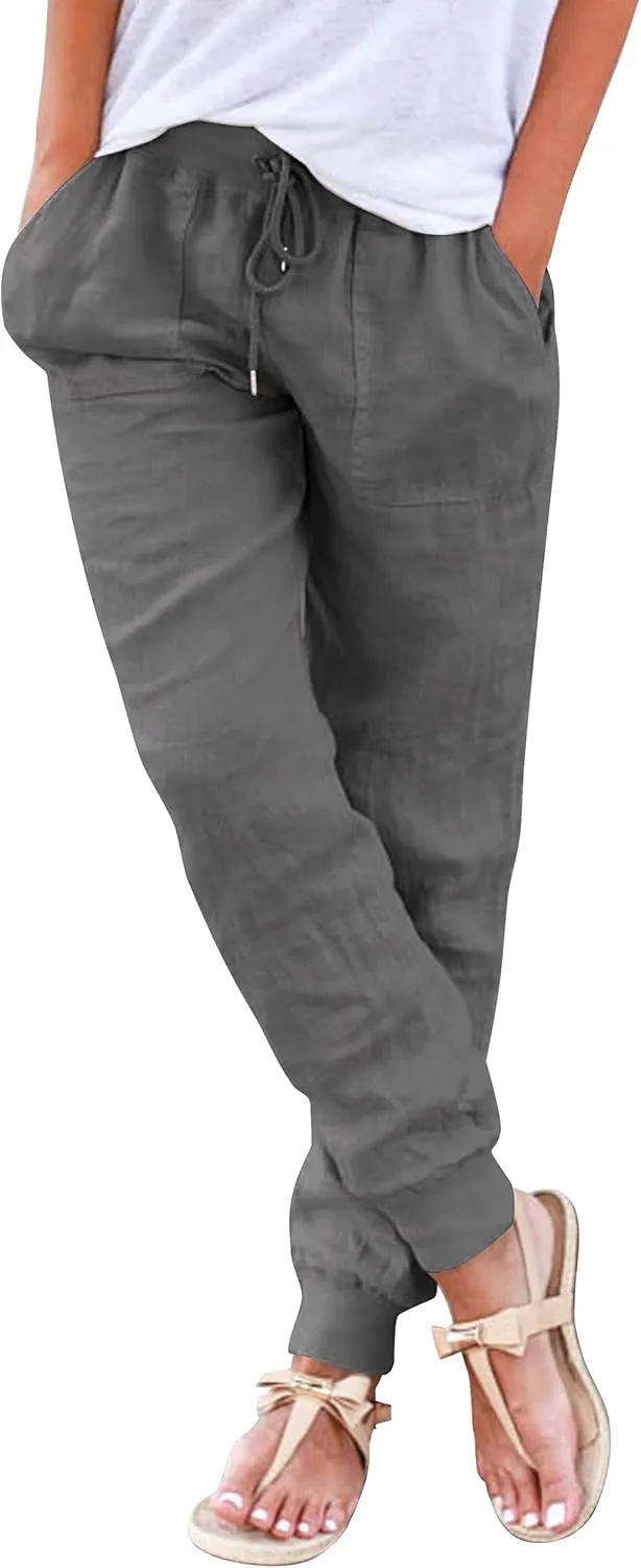 Hose Damen Sommer Casual Baumwolle Leinen Stoffhose Einfarbig Freizeithose Stretch Leicht Leinenhose Straight Leg Hose …