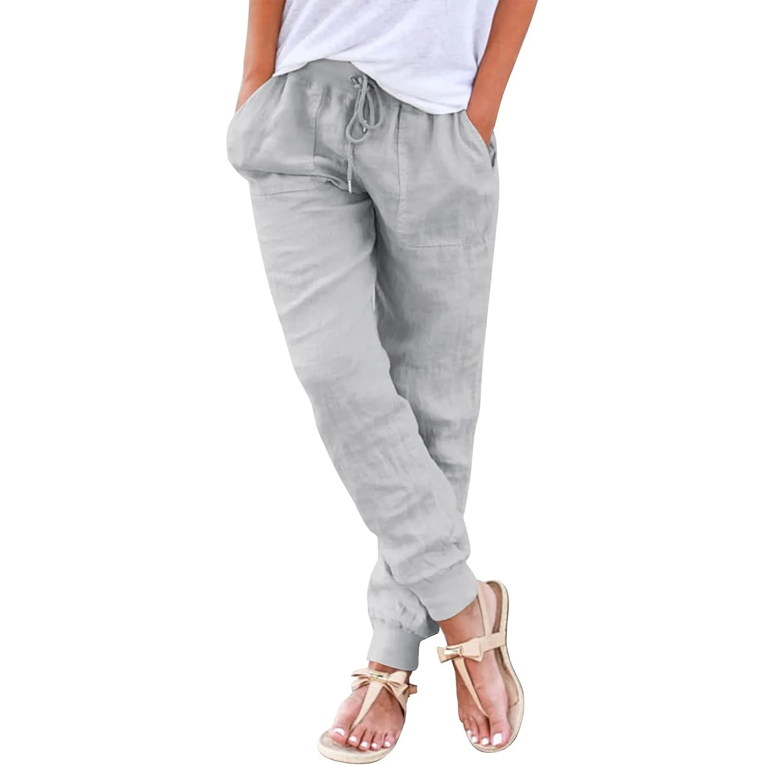 Hose Damen Sommer Casual Baumwolle Leinen Stoffhose Einfarbig Freizeithose Stretch Leicht Leinenhose Straight Leg Hose …