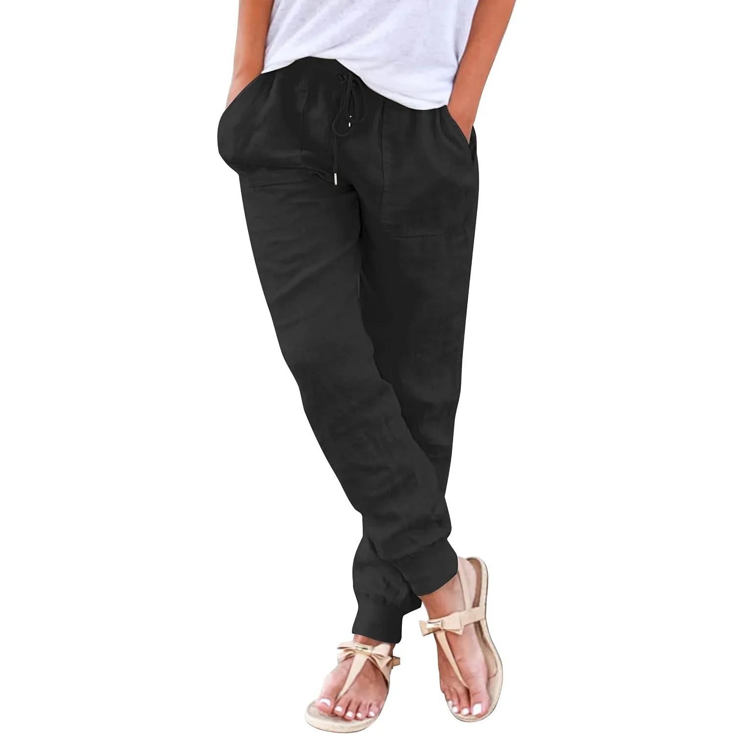 Hose Damen Sommer Casual Baumwolle Leinen Stoffhose Einfarbig Freizeithose Stretch Leicht Leinenhose Straight Leg Hose …