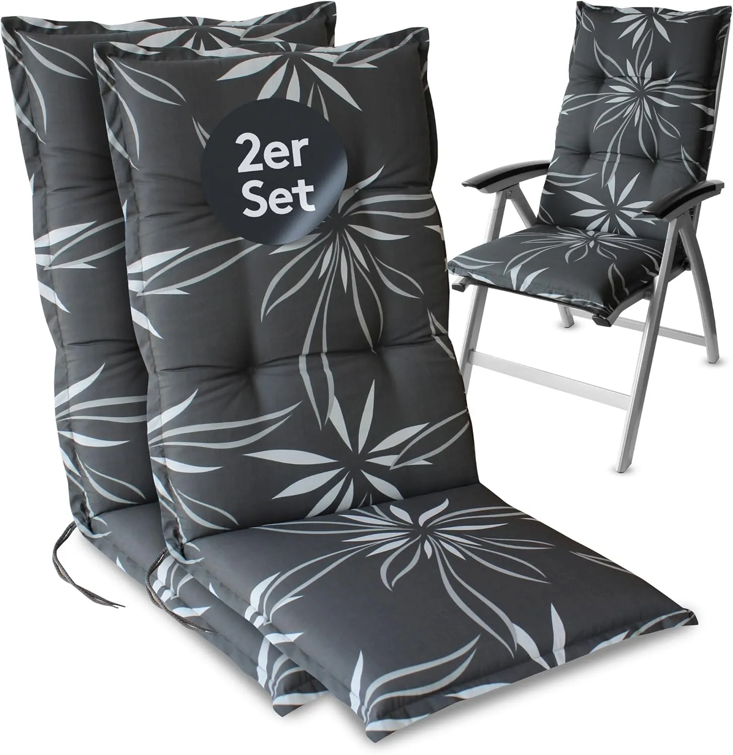 LILENO HOME Garden Chair Cushions in Floral Anthracite-White [Set of 2 - High-Back] - Comfortable Loungers as Seat Cush…